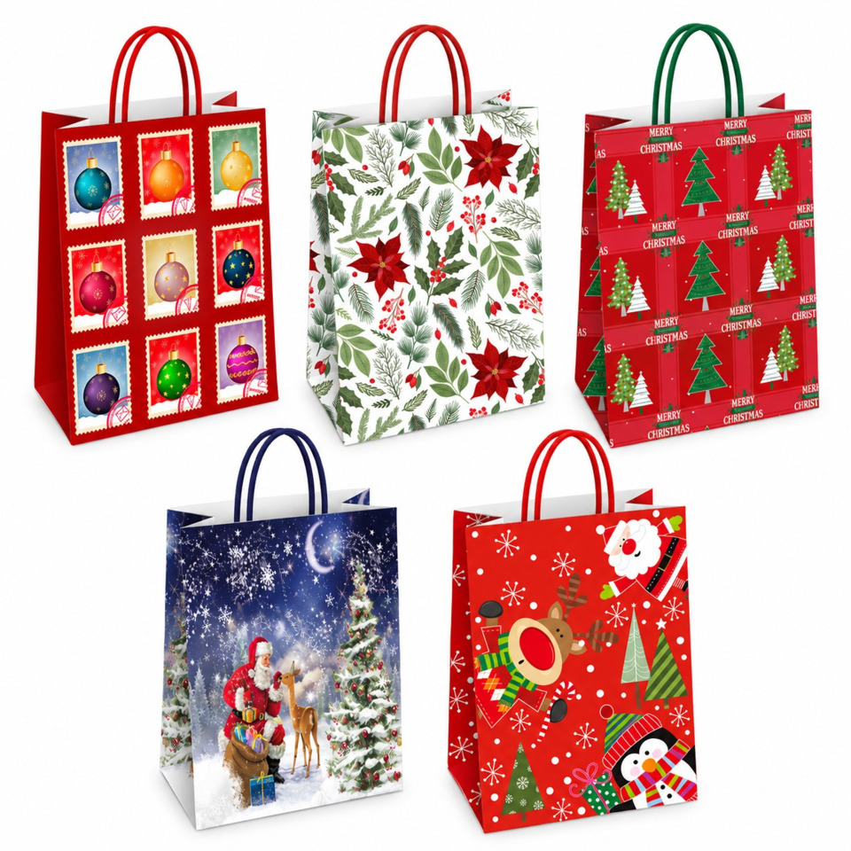 Borsa shopper Florio Carta Christmas fantasie natalizie assortite - formato 26x12x35 cm - conf. 25 pz - 73365