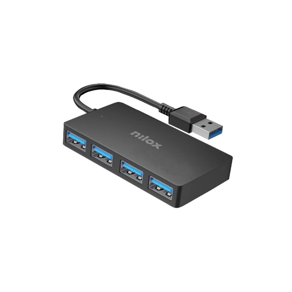 Hub slim USB-A Nilox Tech 4x USB-A 3.2 Gen 1 SuperSpeed fino a 5 Gbps 7,6x4,1x1,1 cm - colore nero - NXHUB403