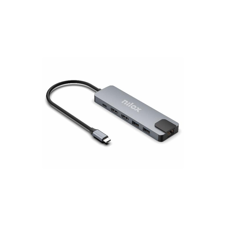 Docking station USB-C 8 in 1 Nilox Tech 2x HDMI 4K + 1x RJ45 + 3x USB-A 3.2 + 1x USB-A + 1x USB-C fino 100 W grigio -