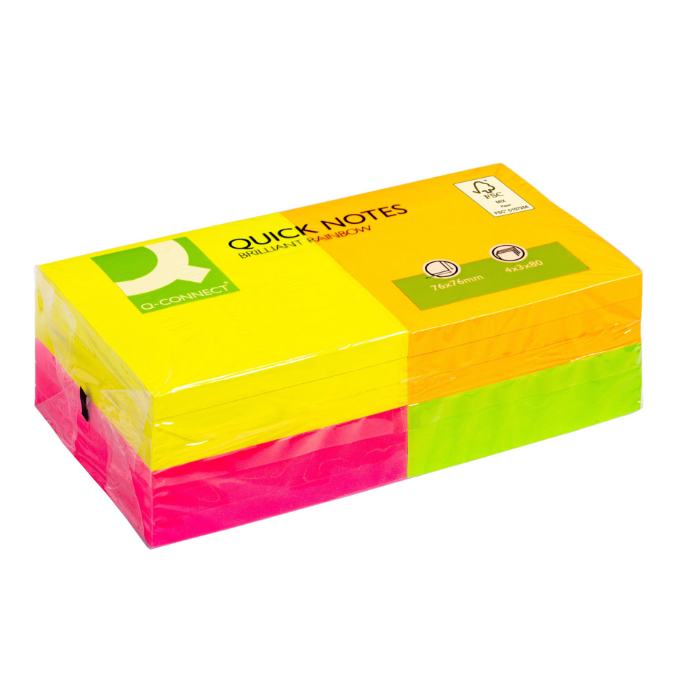 Foglietti riposizionabili Q-Connect 70 g/m² assortiti neon 76x76 mm 12 blocchetti da 80 ff - KF10508